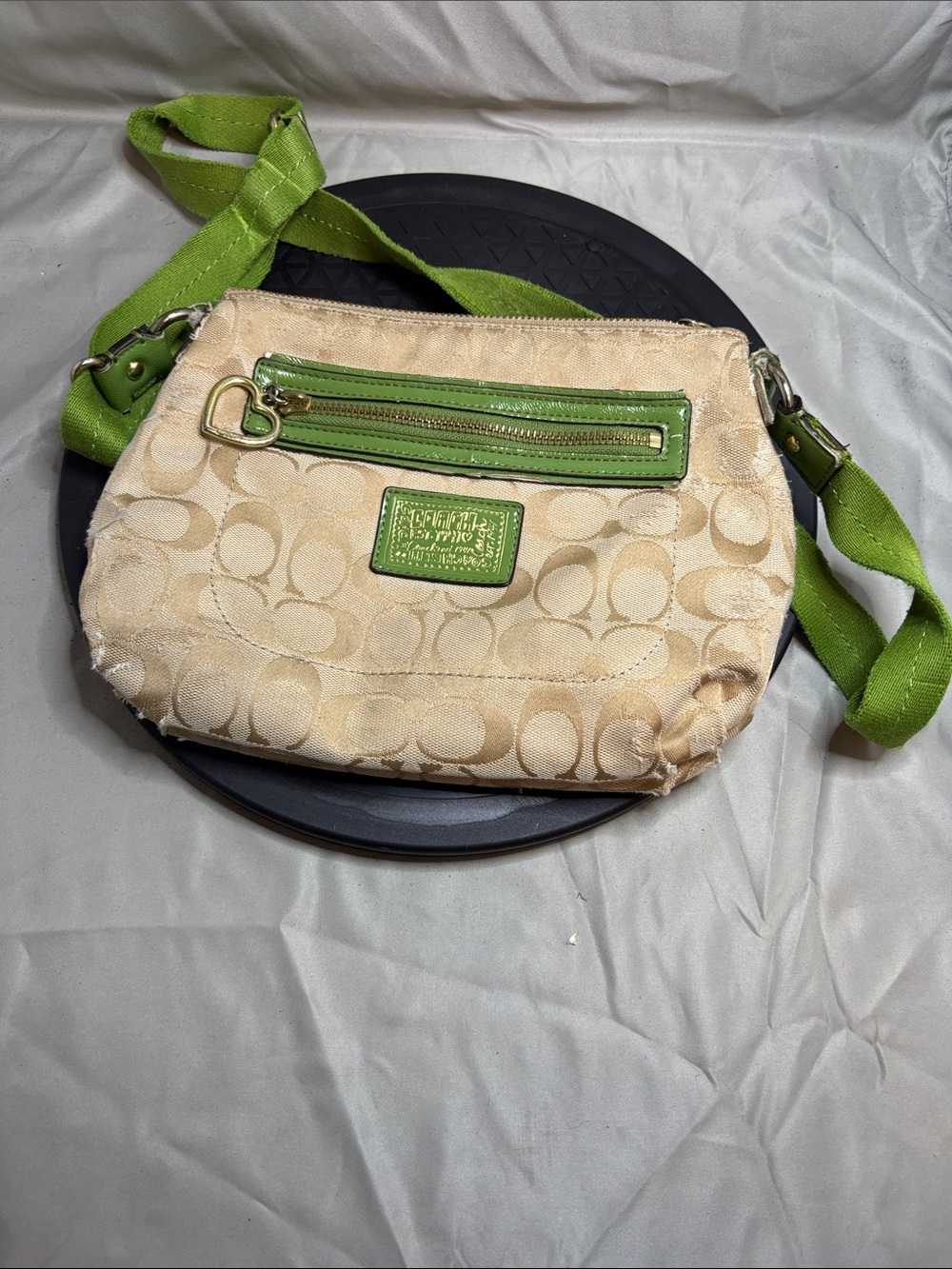 Coach Beige Signature Crossbody with Green Trim and Strap